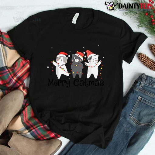 Cats With Santa Hat Christmas Light Merry Catmas Shirt