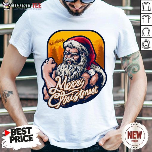 Good Xmas Strong Cool Santa Claus Merry Christmas With Background Tree T-Shirt