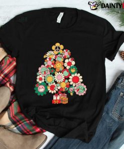 Groovy Retro Christmas Tree Lights Floral Peace Signs Hippie Shirt