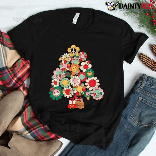 Groovy Retro Christmas Tree Lights Floral Peace Signs Hippie Shirt