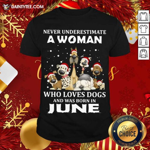 Hot Never Underestimate A Woman Who Loves Dogs And Was Born In June Christmas Shirt