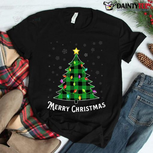 Merry Christmas Green Buffalo Plaid Tree Light Shirt