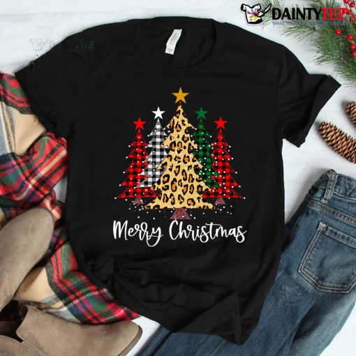 Merry Christmas Trees With Buffalo Red Plaid Leopard Shirt