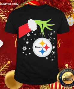 Official The Grinch Hand Holding Ornament Pittsburgh Steelers Christmas Shirt