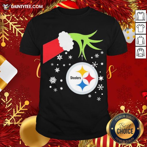 Official The Grinch Hand Holding Ornament Pittsburgh Steelers Christmas Shirt