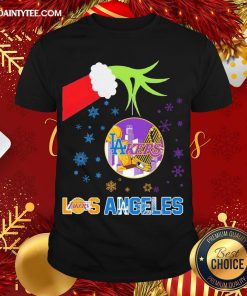 Original The Grinch Hand Holding Ornament Los Angeles Lakers And Los Angeles Dodgers Christmas Shirt