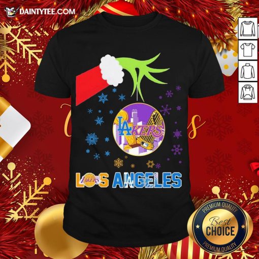 Original The Grinch Hand Holding Ornament Los Angeles Lakers And Los Angeles Dodgers Christmas Shirt