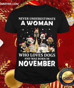 Top Never Underestimate A Woman Who Loves Dogs And Was Born In November Christmas Shirt
