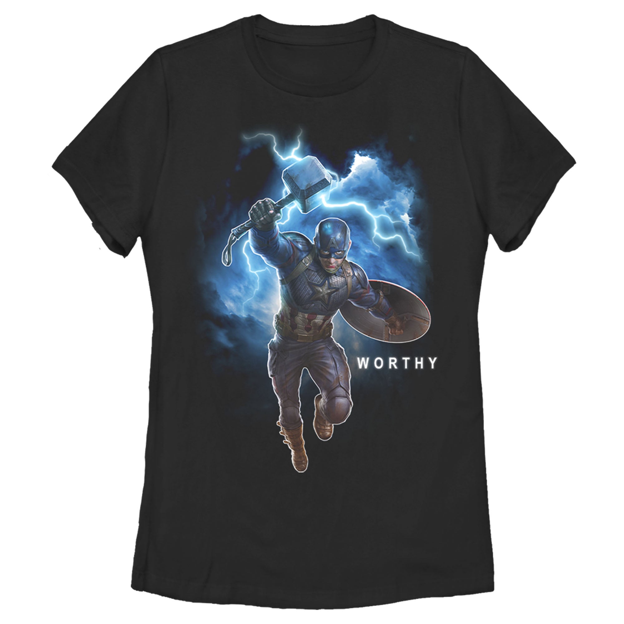 Women's Marvel Avengers Endgame America Worthy Action Pose T-Shirt Women's Marvel Avengers Endgame America Worthy Action Pose T-Shirt