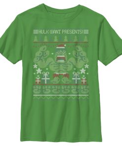 Boy’s Marvel Ugly Christmas Hulk Want Presents T-Shirt