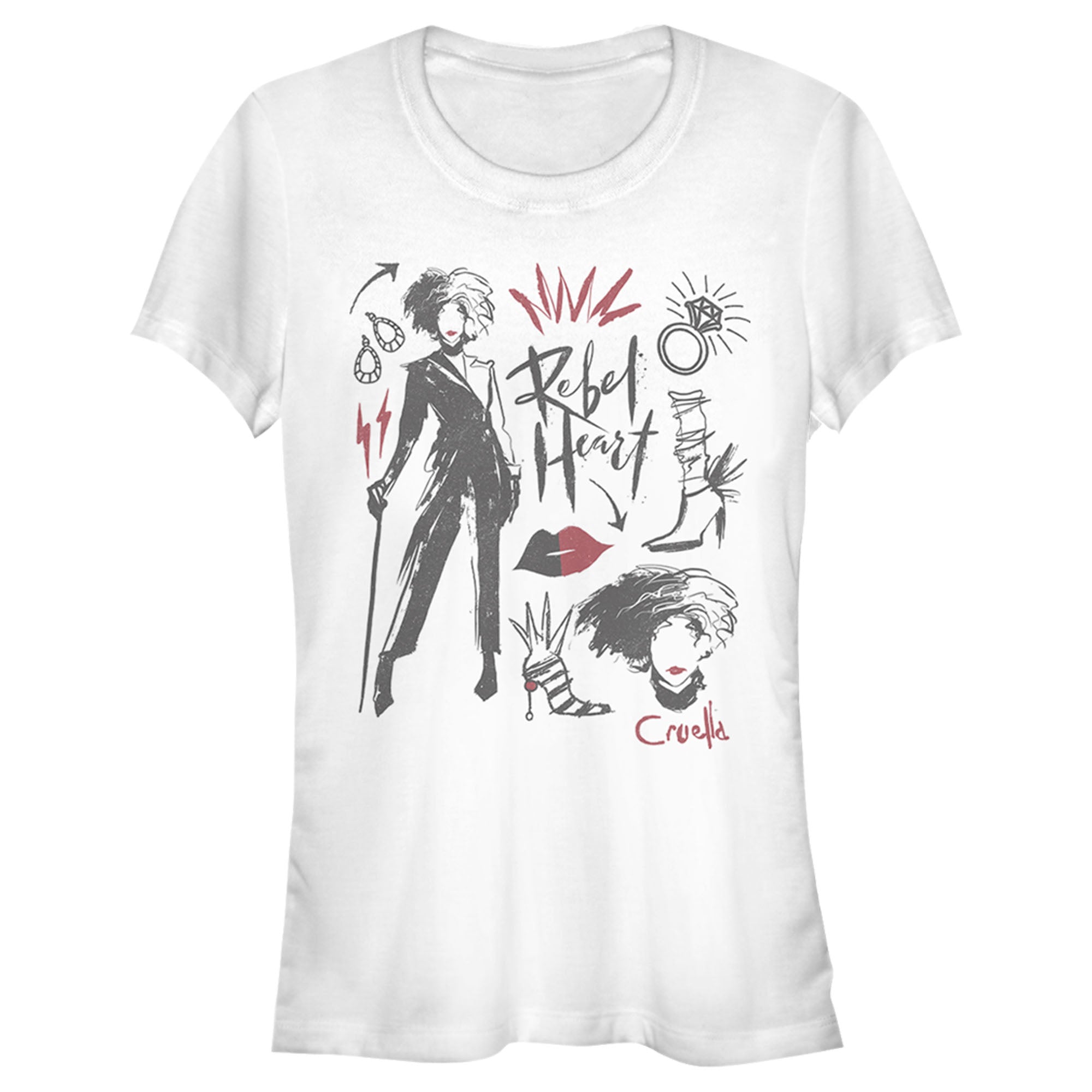 Junior's Cruella Fashion Drawings T-Shirt Junior's Cruella Fashion Drawings T-Shirt