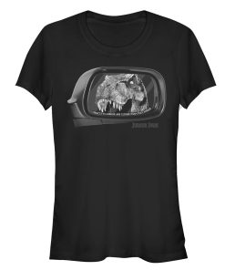 Junior’s Jurassic Park T. Rex In Rearview Mirror, Objects Are Closer T-Shirt