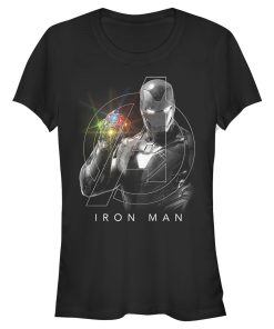 Junior’s Marvel Avengers Endgame Glowing Stones Logo Overlay Portrait T-Shirt