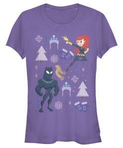 Junior’s Marvel Christmas Black Widow  & Panther T-Shirt