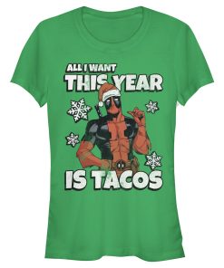 Junior’s Marvel Christmas Deadpool Santa Tacos T-Shirt