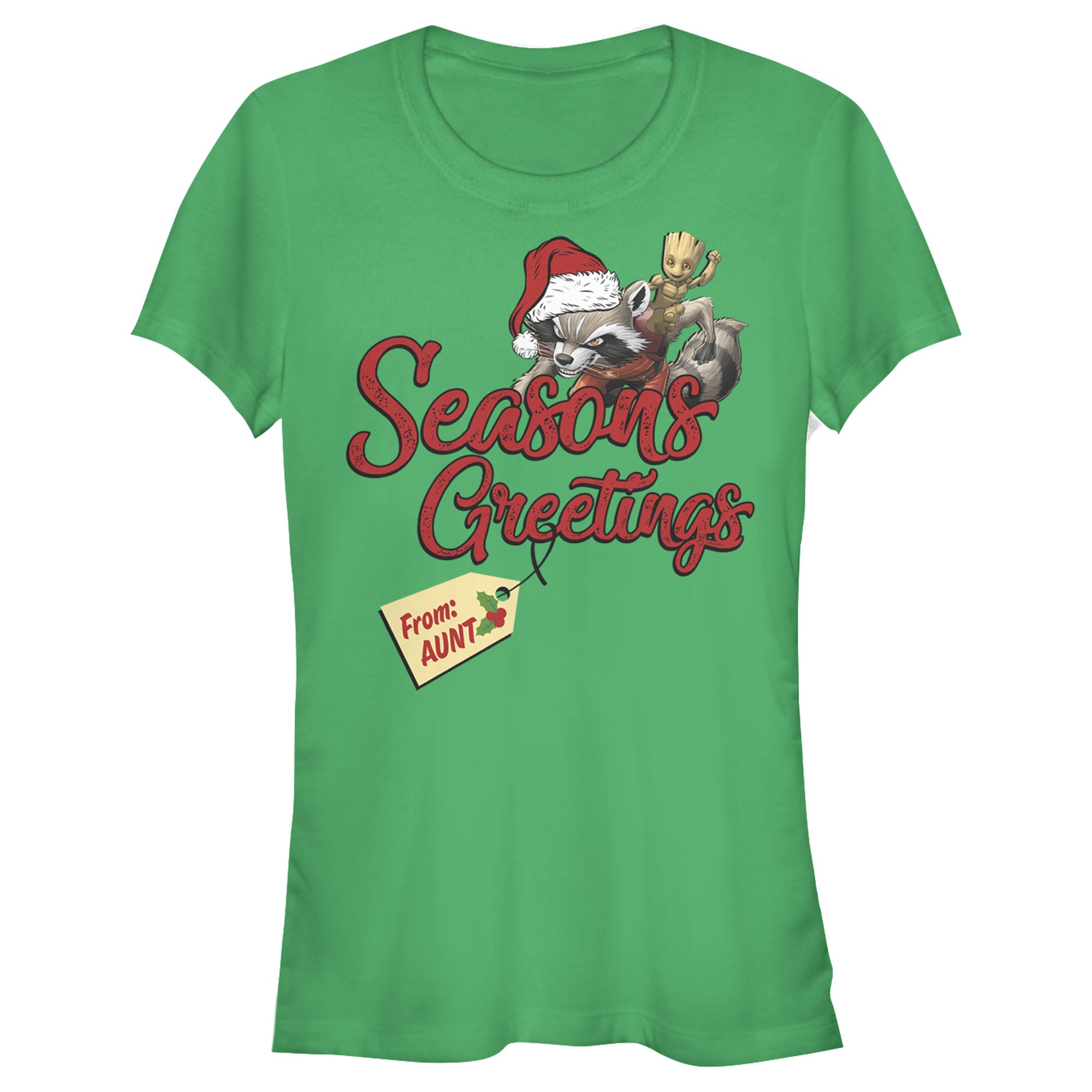 Junior's Marvel Christmas Rocket & Groot Aunt Greetings T-Shirt Junior's Marvel Christmas Rocket & Groot Aunt Greetings T-Shirt