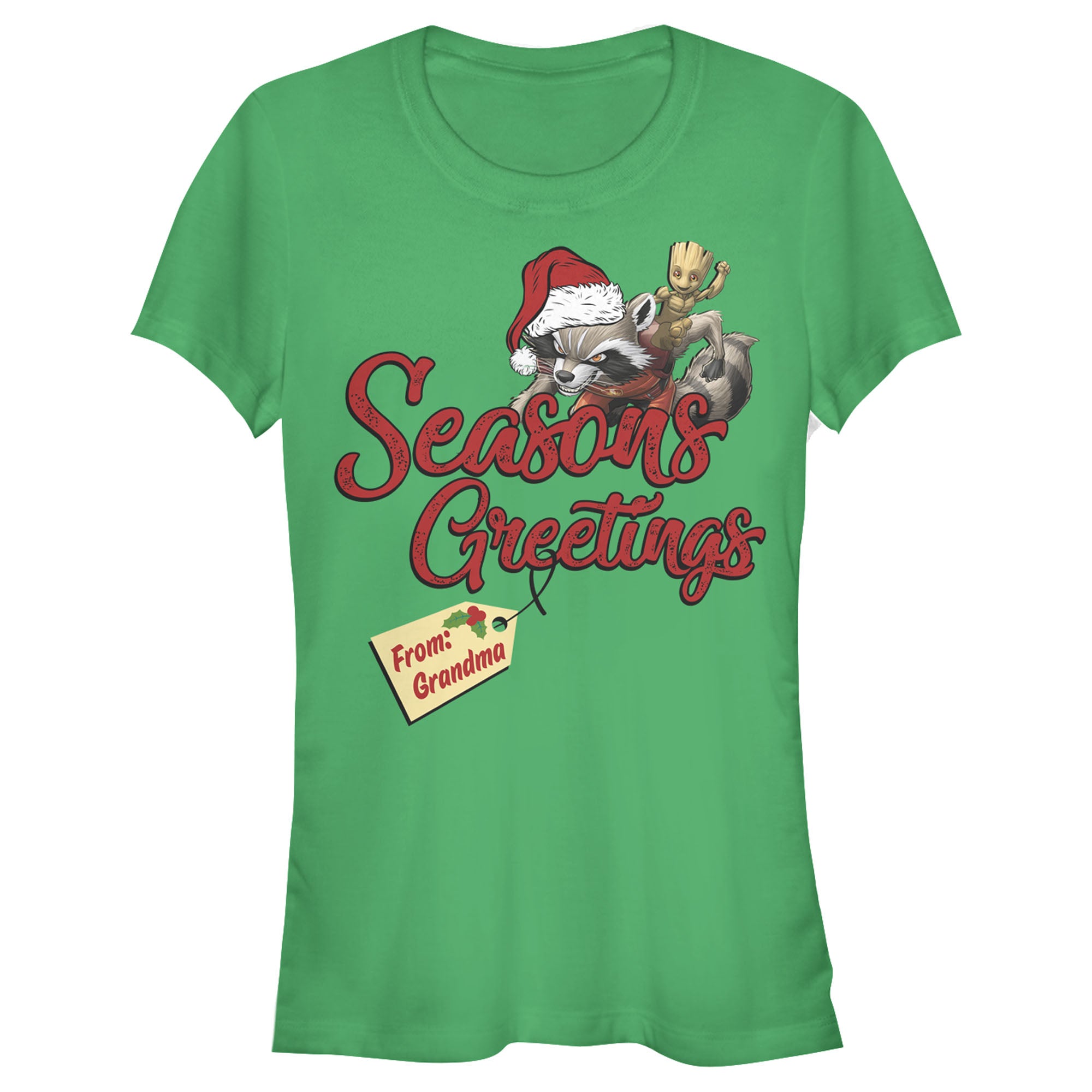 Junior's Marvel Christmas Rocket & Groot Grandma Greetings T-Shirt Junior's Marvel Christmas Rocket & Groot Grandma Greetings T-Shirt