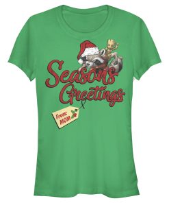 Junior’s Marvel Christmas Rocket & Groot Mom Greetings T-Shirt