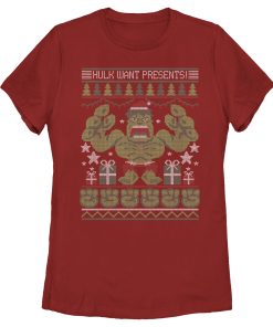 Women’s Marvel Ugly Christmas Hulk Want Presents T-Shirt